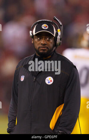 Dec 19, 2011; San Francisco, CA, USA; Pittsburgh Steelers head coach Mike Tomlin on the sidelines against the San Francisco 49ers during the first quarter at Candlestick Park. Stock Photo