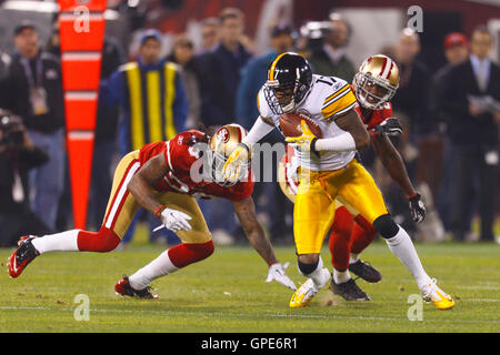 Dec 19, 2011; San Francisco, CA, USA; Pittsburgh Steelers wide receiver Mike Wallace (17) rushes up field against the San Francisco 49ers during the first quarter at Candlestick Park. Stock Photo