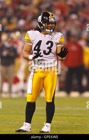 Pittsburgh Steelers Strong Safety Troy Polamalu (43) tackles Miami Dolphins  Tight End Randy McMichael (81) during a second quarter downpour on  September 26, 2004 at Pro Player Stadium in Miami, Fl. The