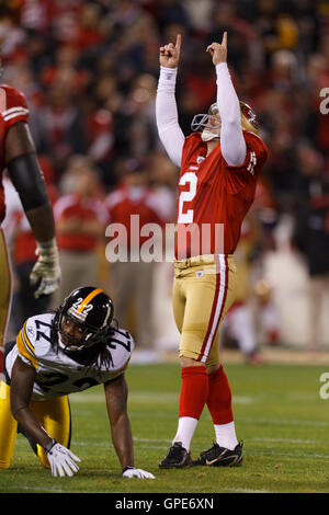 Dec 19, 2011; San Francisco, CA, USA; San Francisco 49ers kicker David Akers (2) celebrates after kicking a field goal against the Pittsburgh Steelers during the second quarter at Candlestick Park. Stock Photo