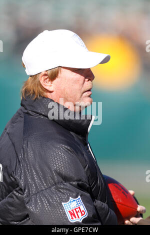 Jan 1, 2012; Oakland, CA, USA; Oakland Raiders owner Mark Davis watches his team warm up before the game against the San Diego Chargers at O.co Coliseum. Stock Photo