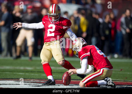 Jan 14, 2012; San Francisco, CA, USA; San Francisco 49ers kicker David Akers (2) warms up with punter Andy Lee (4) before the 2011 NFC divisional playoff game against the New Orleans Saints at Candlestick Park. Stock Photo