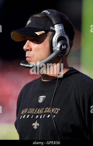 Jan 14, 2012; San Francisco, CA, USA; New Orleans Saints head coach Sean Payton watches during the second quarter of the 2011 NFC divisional playoff game against the San Francisco 49ers at Candlestick Park. Stock Photo