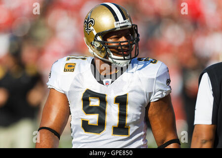 Jan 14, 2012; San Francisco, CA, USA; New Orleans Saints defensive end Will Smith (91) warms up before the 2011 NFC divisional playoff game against the San Francisco 49ers at Candlestick Park. San Francisco defeated New Orleans 36-32. Stock Photo