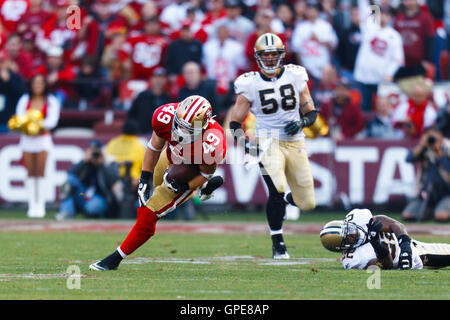 San Francisco 49ers Bruce Miller warms up to play the Denver Broncos at the  new Levi's Stadium in Santa Clara, California on August 17, 2014. Today is  the first game for the