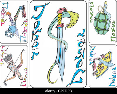 Set of playing joker cards with weapon. Vector illustrations. Stock Photo