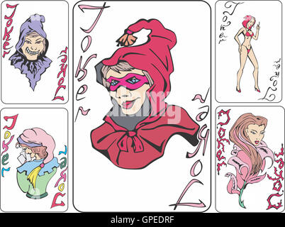 Set of playing cards with jokers as witches. Vector illustrations. Stock Photo