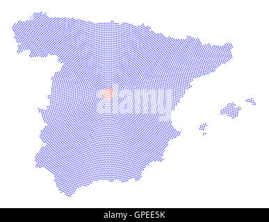 Spain map radial dot pattern. Blue dots going from the red dotted capital Madrid outwards and form the country silhouette. Stock Photo