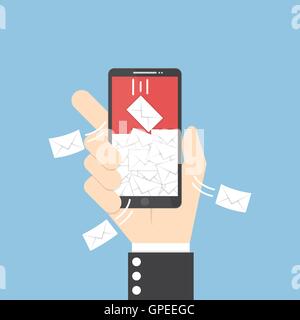 Businessman hand holding smartphone with spaming emails on monitor, spam and suspicious email concept Stock Vector