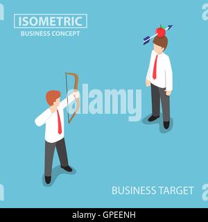 Isometric businessman shoot an apple on colleague head by bow and arrow, business target and risk management concept Stock Vector