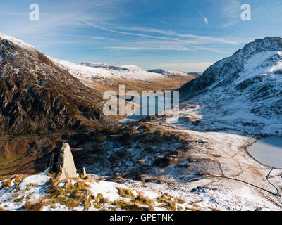 The Ogwen valley in Snowdonia, showing Llyn Ogwen and part of Llyn Idwal and the mountains of Pen yr Ole Wen and Tryfan Stock Photo