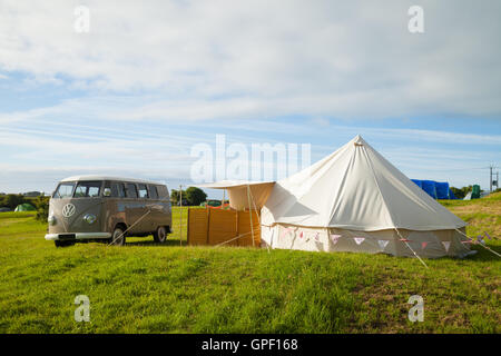 A VW Camper Van and tent in an English campsite. Stock Photo