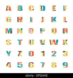 mosaic style alphabet letters and numbers. vector font type design. comic lettering puzzle elements. colorful, geometric typeset Stock Vector