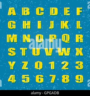 mosaic style alphabet letters and numbers. vector font type design. lettering puzzle yellow elements. bold typesetting. regular Stock Vector