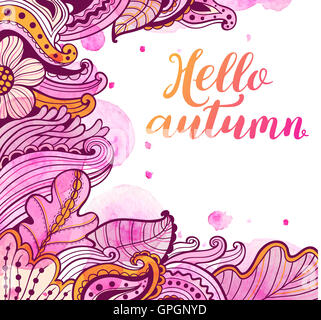 Abstract floral autumn background with pink watercolor blots.  'Hello autumn' lettering. Stock Photo