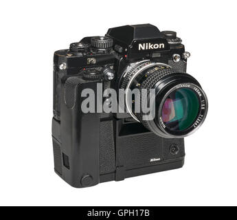 1990 Nikon F3 professional 35mm film camera with MD4 Motordrive and 105 mm lens Stock Photo