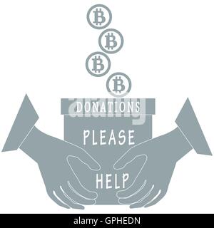 Stylized icon calling to make a donation. Bitcoins are poured into a box for donations that keep both hands on a white backgroun Stock Vector