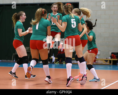 Wales girls celebrate their win in their bronze medal match in the volleyball on day four of the 2016 School Games at Loughborough University, Loughborough Stock Photo