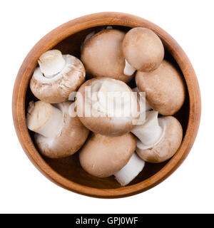 Brown champignons  in a wooden bowl on white background. Agaricus bisporus, edible mushrooms, also called cremini.