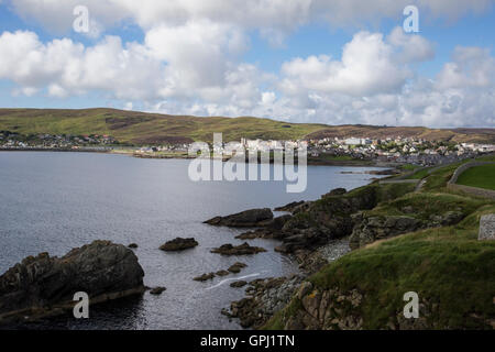 A view looking north west from the headland south of Lerwick called the Horse of the Knabb. The inlet is called Brei Wick. Stock Photo