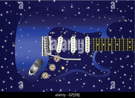 A blue star studded background with a series of small stars over a blue guitar. Stock Vector
