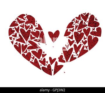 A large broken heart made up of several smaller hearts with one flying free and a shattered background Stock Vector