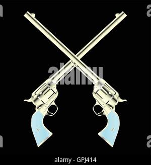 Two long barrel six guns crossed set on a color background Stock Vector