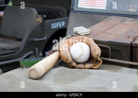 World War 11 USA Jeep with a Baseball Bat, glove and ball Stock Photo