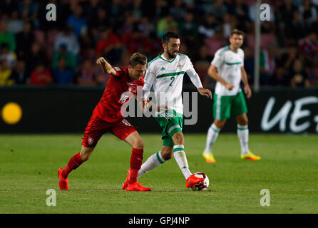 Northern Ireland's Conor McLaughlin (right) and Czech Republic's Ladislav Krejci battle for the ball during the 2018 FIFA World Cup Qualifying match at the Generali Arena, Prague. Stock Photo