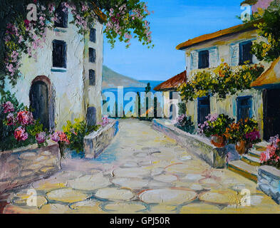 Oil painting on canvas of a beautiful houses near the sea, abstract drawing, wallpaper; freehand Stock Photo