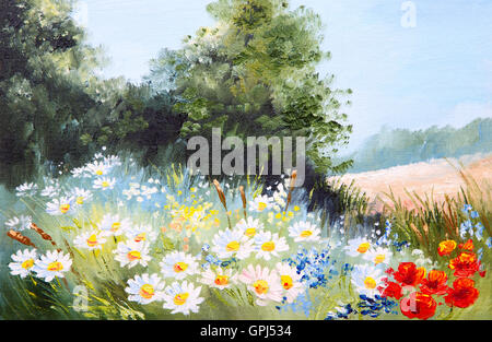 Oil painting landscape - meadow of daisies, nature Stock Photo