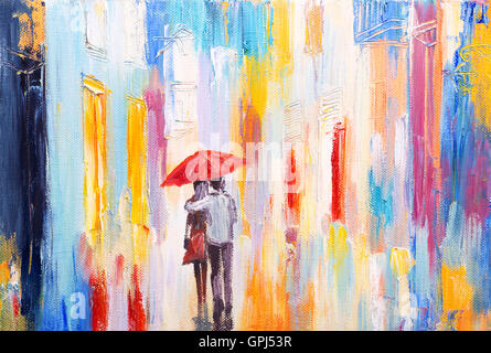 couple is walking in the rain under an umbrella, abstract colorful oil painting Stock Photo