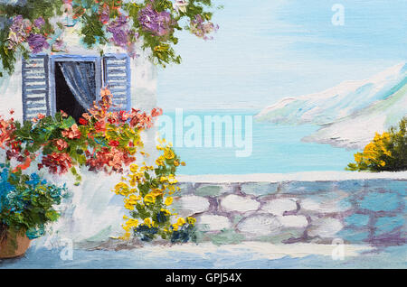 oil painting on canvas - house near the sea, summer, canvas, greek Stock Photo