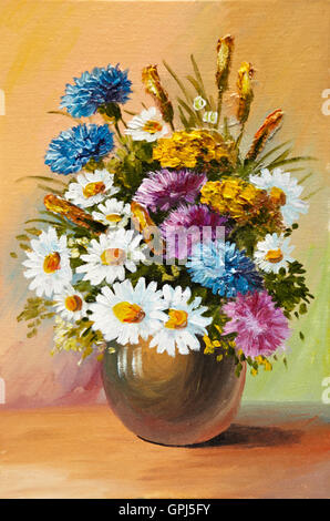 Oil painting of spring flowers in a vase on canvas. Abstract drawing,  decoration,  design, bouquet Stock Photo