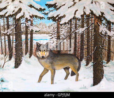 oil painting - wolf in the pine forest, winter, colorful picture , abstract drawing Stock Photo