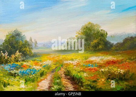 oil painting landscape, colorful field of flowers, abstract  impressionism Stock Photo