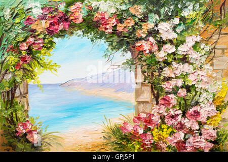 Oil painting landscape - arch near the sea, flowers Stock Photo