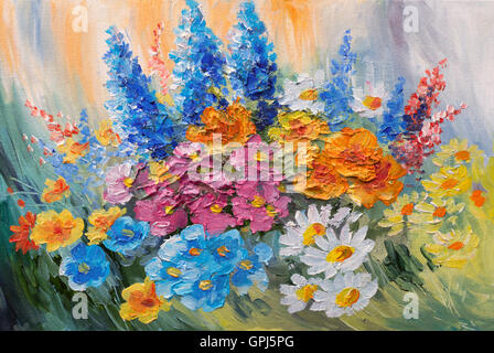 oil painting - abstract bouquet of spring flowers, colorful watercolor Stock Photo