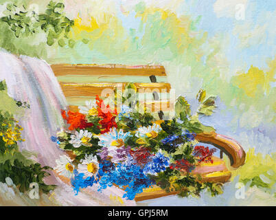 Oil Painting, bouquet of flowers on the bench Stock Photo