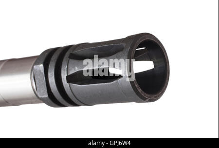 Muzzle end of a modern sporting rifle that has a black flash hider Stock Photo