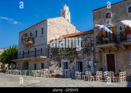 Areopolis town buildings in southern peloponnese in Greece. Areopolis is a beautiful traditional style town Stock Photo