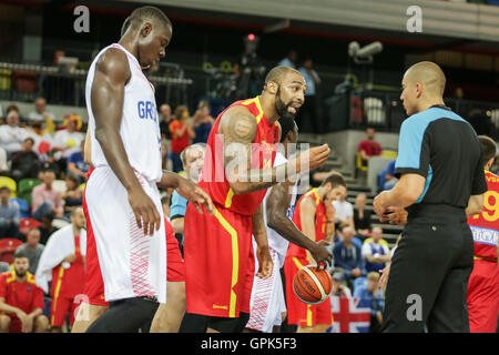 London, UK. 3rd. September, 2016. Macedonia player no 24, Travis in discussion with the referee. Team GB play Macedonia at Olympic Park, London, UK. copyright Carol Moir/Alamy Live News. Stock Photo