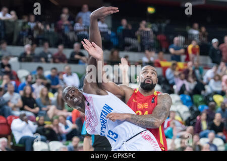 London, UK, 3 September 2016. GB men vs Fyr of Macedonia. GB men's Eric Boateng (13) gets tackled by Macedonia's Romeo Travis (24).  Credit: pmgimaging/Alamy Live News Stock Photo
