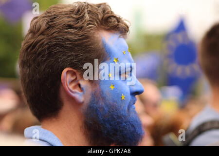London, UK  3rd September 2016  Protester with facepaint Protesting at the September 2016 'March for Europe'  Credit: Will Saunders/Alamy Live News Stock Photo