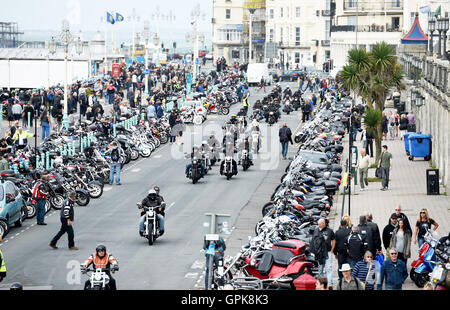 Brighton UK 4th September 2016 - Thousands of bikers and rockers from around the world take part in the annual Ace Cafe Reunion Brighton Burn Up event held on the seafront today . Motorcyclists and rockers converge on Madeira Drive on the seafront every year to celebrate the famous Ace Cafe in London with bands playing and hundreds of stalls selling memorabilia   Credit:  Simon Dack/Alamy Live News Stock Photo