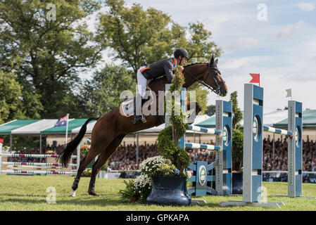 Burghley House, Burghley, UK. 04th Sep, 2016. Land Rover Burghley Horse Trials. Show Jumping. NOBILIS 18 (AUS) ridden by Christopher Burton is taken safely over the last fence to win the 2016 Burghley Horse Trials © Action Plus Sports/Alamy Live News Stock Photo