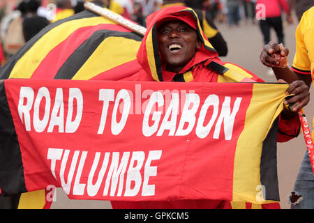 Kampala, Uganda. September 4, 2016. A Uganda Cranes fan in joy after the Uganda national soccer side-The Cranes qualified for the Africa Cup of Nations Finals due in Gabon next year. Credit:  Samson Opus/Alamy Live News Stock Photo
