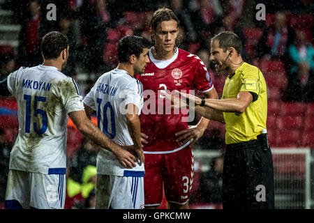 Denmark, Copenhagen, September 4th 2016. Referee Harald Lechner (Austria) seen in a talk with Armenias's Gevorg Ghazaryan (10) during the World Cup Qualifier between Denmark and Armenia in Telia Parken. Stock Photo