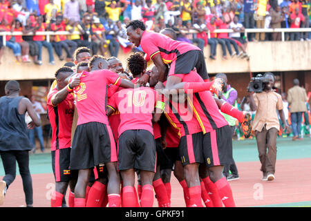 Kampala, Uganda. September 4, 2016. A Uganda Cranes players jubuilates after netting a goal that took the team to the Africa Cup of Nations finals due in Gabon next year. Credit:  Samson Opus/Alamy Live News Stock Photo