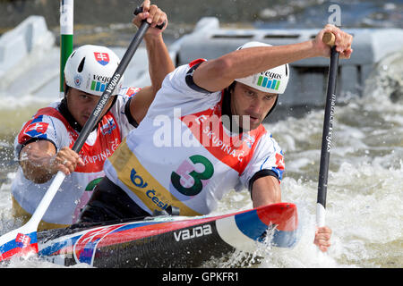 Prague, Czech Republic. 04th Sep, 2016. Ladislav Skantar (right) and Peter Skantar of Slovakia won the C2 final of the 2016 ICF Canoe Slalom World Cup 2016 in Prague, Czech Republic, September 4, 2016. © Michal Kamaryt/CTK Photo/Alamy Live News Stock Photo